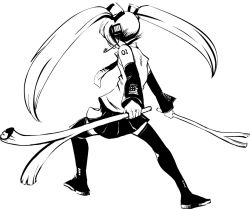 Rule 34 | detached sleeves, dual wielding, from behind, greyscale, hatsune miku, headset, holding, monochrome, nippori honsha, solo, spring onion, thighhighs, twintails, vocaloid, zettai ryouiki