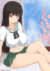 Rule 34 | 1girl, absurdres, alternate costume, black eyes, black hair, black neckerchief, blouse, blunt bangs, blurry, blurry background, blush, breasts, closed mouth, commentary, crop top, crop top overhang, depth of field, english commentary, frown, girls und panzer, green skirt, highres, indoors, kakujin, large breasts, long hair, long sleeves, looking at viewer, mature female, microskirt, midriff, navel, neckerchief, nishizumi shiho, on bed, ooarai school uniform, pleated skirt, sailor collar, school uniform, serafuku, shirt, sitting, skirt, solo, straight hair, watermark, web address, white sailor collar, white shirt