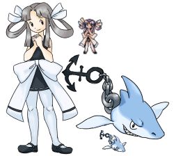 Rule 34 | 1girl, anchor, bare arms, black dress, black footwear, chain, closed mouth, commentary, creatures (company), dress, english commentary, eyelashes, game freak, grey hair, hair ribbon, hair rings, hands up, ikari (pokemon), interlocked fingers, jasmine (pokemon), knees, long hair, nintendo, own hands together, pantyhose, pokemon, pokemon (creature), pokemon gsc (prototype), prototype design, ribbon, shoes, shof, short dress, sidelocks, sleeveless, sleeveless dress, smile, sprite, standing, transparent background, white pantyhose, white ribbon