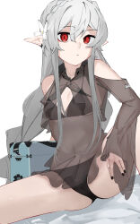 Rule 34 | 1girl, alternate costume, ao oni (onioni-aoi), arknights, bikini, black bikini, braid, breasts, closed mouth, commentary, covered navel, expressionless, feet out of frame, flower, grey hair, hair between eyes, hair flower, hair ornament, highres, long hair, looking at viewer, pointy ears, red eyes, see-through, sidelocks, simple background, slit pupils, small breasts, solo, spread legs, swimsuit, swimsuit cover-up, warfarin (arknights), white background, white flower