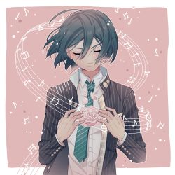 Rule 34 | 1boy, ahoge, bad arm, beamed eighth notes, black hair, border, cheer (cheerpuppy14), closed eyes, closed mouth, collared shirt, commentary, danganronpa (series), danganronpa v3: killing harmony, diagonal-striped clothes, diagonal-striped necktie, diagonal-striped neckwear, dress shirt, eighth note, english commentary, facing down, flower, foreshortening, grey flower, hair between eyes, highres, jacket, long sleeves, male focus, musical note, necktie, open clothes, open jacket, pink background, quarter note, saihara shuichi, shirt, short hair, solo, striped clothes, striped jacket, striped necktie, striped neckwear, upper body, vertical stripes, white border