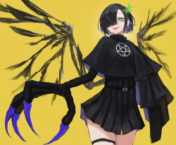 Rule 34 | 1girl, bad id, bad pixiv id, black hair, blush, claws, fang, from below, green eyes, hair over one eye, highres, looking at viewer, mihato senba, monster girl, multicolored hair, original, pentagram, short hair, smile, solo, standing, thigh strap, wings, yellow background