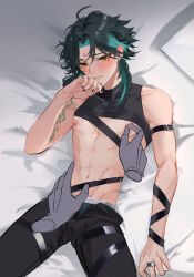 Rule 34 | 1boy, absurdres, ahoge, alternate costume, aqua hair, arm tattoo, black hair, black nails, black pants, black shirt, blush, facial mark, forehead mark, genshin impact, highres, lji 321, male focus, male underwear, multicolored hair, navel, navel piercing, nipple piercing, nipples, pants, piercing, shirt, short hair, solo, stomach, tattoo, underwear, xiao (genshin impact), yaoi, yellow eyes