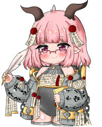 Rule 34 | 1girl, animal ears, bailingxiao jiu, bare shoulders, blush, book, closed mouth, covered navel, cowboy shot, cropped legs, curled horns, glasses, grey jacket, grey leotard, grey thighhighs, holding, holding book, horns, jacket, leotard, long sleeves, looking at viewer, open book, open clothes, open jacket, original, over-kneehighs, pink hair, puffy long sleeves, puffy sleeves, quill, red-framed eyewear, roman numeral, short sleeves, smile, solo, thighhighs, warhammer 40k