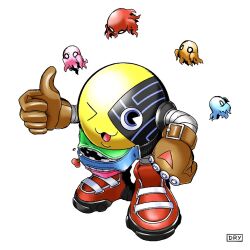 Rule 34 | bakemon, blue eyes, digimon, digimon (creature), gloves, mamemon, one eye closed, open mouth, original, pac-man (game), shoes, solo, thumbs up, wink