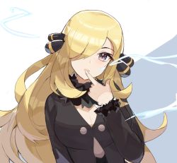 Rule 34 | 1girl, blonde hair, blush, breasts, cleavage, closed mouth, coat, commentary, creatures (company), cynthia (pokemon), eyelashes, game freak, hair ornament, hair over one eye, hand up, head tilt, long hair, long sleeves, looking at viewer, nintendo, pokemon, pokemon dppt, solo, spyg, upper body