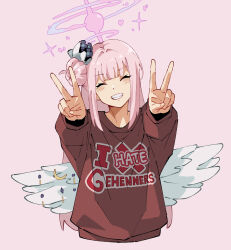 Rule 34 | absurdres, baggy clothes, blue archive, brown shirt, double v, feathered wings, flower, hair bun, hair flower, hair ornament, halo, highres, long hair, low wings, masruu, mika (blue archive), pink hair, pink halo, racism, shirt, simple background, single side bun, smile, teeth, v, wing ornament, wings