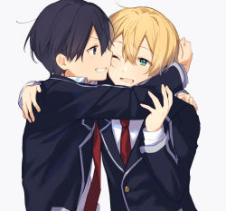 Rule 34 | 2boys, ;d, arms around neck, black hair, black jacket, blazer, blonde hair, blue eyes, blush, commentary request, eugeo, from side, green eyes, grin, hair between eyes, highres, hug, jacket, kirito, long sleeves, looking at another, male focus, multiple boys, necktie, noro (ro no), one eye closed, open mouth, red neckwear, school uniform, shirt, short hair, smile, sword art online, sword art online: alicization, upper body, white shirt, yaoi