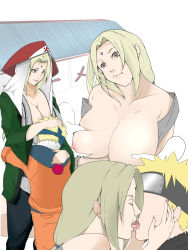 Rule 34 | 1girl, age difference, between breasts, black headband, blonde hair, grabbing another&#039;s breast, breast smother, breasts, breasts out, brown eyes, cleavage, closed mouth, closed eyes, face to breasts, facial mark, forehead mark, grabbing, groping, hat, headband, height difference, highres, hokage, hug, huge breasts, kiss, legs, long hair, mature female, multiple views, naruto, naruto (series), nipples, no eyes, off shoulder, open clothes, sequential, simple background, smile, standing, thighs, tsunade (naruto), twintails, uzumaki naruto, wan (13070284), wide sleeves