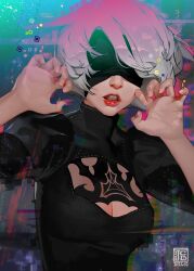 Rule 34 | 1girl, 2boys, black blindfold, black dress, blindfold, breasts, claw pose, cleavage, cleavage cutout, clenched teeth, clothing cutout, covered eyes, dated, dress, fingernails, fumezu1, grey hair, highres, juliet sleeves, long sleeves, medium breasts, mole, mole under mouth, multiple boys, nier:automata, nier (series), parted lips, puffy sleeves, red lips, short hair, signature, solo, teeth, upper body