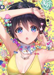 Rule 34 | 1girl, :o, armpits, bra, bracelet, breasts, candy, colorful, cookie, food, genderswap, genderswap (mtf), highres, houshin engi, jewelry, lollipop, macaron, mimoza (96mimo414), necklace, open mouth, short hair, solo, sweets, swimsuit, taikoubou, underwear, yellow background, yellow bra