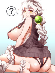 Rule 34 | 10s, 1girl, ?, alternate costume, aran sweater, arm support, ass, asymmetrical hair, bare arms, bare legs, bare shoulders, barefoot, black sweater, braid, braided ponytail, breasts, cable knit, clueless, drawstring, dress, from behind, halterneck, huge breasts, kantai collection, lips, long hair, meme attire, naked sweater, nipples, sideboob, silver hair, single braid, sitting, sleeveless, sleeveless turtleneck, solo, spoken question mark, sweater, sweater dress, taka (sanoujo358), turtleneck, turtleneck sweater, unryuu (kancolle), very long hair, virgin killer sweater, wardrobe error, wardrobe malfunction, wariza, yellow eyes