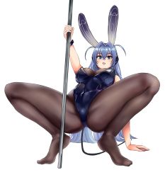 Rule 34 | 1girl, artist request, azur lane, black pantyhose, blue eyes, blue hair, blush, breasts, cleavage, feet, leotard, long hair, new jersey (azur lane), new jersey (exhilarating steps!) (azur lane), official alternate costume, open mouth, pantyhose, playboy bunny, pole, pole dancing, see-through, see-through cleavage, simple background, solo, spread legs, squatting, stripper pole, thighs, toes, white background