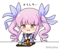 Rule 34 | 1girl, blue kimono, blue ribbon, blush, bowl, brown eyes, carrot, chibi, commentary request, hair ribbon, japanese clothes, kimono, kyoka (princess connect!), long hair, long sleeves, mitya, pink hair, plate, pointy ears, princess connect!, ribbon, rice, rice bowl, sidelocks, simple background, solo, tears, translated, tray, twintails, twitter username, upper body, very long hair, wavy mouth, white background, wide sleeves