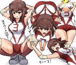 Rule 34 | 1girl, absurdres, action, arms behind head, ball, bouncing breasts, breasts, brown eyes, brown hair, cleavage, closed eyes, elbow pads, girls und panzer, headband, highres, knee pads, kondou taeko, leaning forward, looking up, medium hair, motion blur, motion lines, multiple views, one eye covered, open mouth, own hands together, playing sports, red headband, red shirt, red shorts, red socks, shirt, shoes, short shorts, shorts, single vertical stripe, sleeveless, sleeveless shirt, sneakers, socks, sportswear, squatting, standing, sweat, volleyball, volleyball (object), volleyball uniform, white background, white footwear, yogurt bakudan