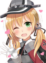 Rule 34 | 10s, 1girl, blonde hair, blush, gloves, green eyes, heart, kantai collection, looking at viewer, one eye closed, open mouth, prinz eugen (kancolle), short hair, short twintails, smile, solo, twintails, white gloves, yukinoshita (shaonjishi)
