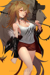 Rule 34 | 1girl, absurdres, animal ears, arknights, artist name, bare shoulders, black collar, black jacket, breasts, brown hair, chinese commentary, cleavage, collar, collarbone, commentary request, dated, feet out of frame, fur-trimmed jacket, fur trim, hair between eyes, hand up, highres, holding, jacket, lion, lion ears, lion tail, long hair, long sleeves, looking at viewer, medium breasts, off shoulder, open clothes, open jacket, open mouth, orange background, orange eyes, partial commentary, red shorts, short shorts, shorts, siege (arknights), simple background, spiked collar, spikes, standing, tail, tank top, thighs, white tank top, xuanji