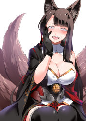 Rule 34 | 1girl, akagi (azur lane), animal ears, azur lane, black kimono, blush, breasts, brown hair, cleavage, constricted pupils, crazy, crazy eyes, crazy smile, evil smile, eyeliner, eyeshadow, fangs, fox ears, fox girl, fox tail, highres, japanese clothes, kimono, kitsune, kyuubi, large breasts, long hair, looking at viewer, makeup, multiple tails, off shoulder, open mouth, red eyes, seiza, sitting, smile, solo, steed (steed enterprise), tail, wide-eyed, yandere