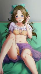 Rule 34 | 1girl, barefoot, blue eyes, blush, bow, bra, breasts, brown hair, cleavage, clothes lift, collarbone, doukyuusei another world, female masturbation, fingering, frilled bra, frills, game cg, green bow, hair bow, hair intakes, hand in panties, holding, holding phone, indoors, kakyuusei 2, long hair, looking at viewer, masturbation, medium breasts, midriff, miniskirt, navel, official art, open mouth, orange bra, orange panties, panties, phone, purple skirt, shiny skin, shirai yuuri, shirt, shirt lift, sitting, skirt, solo, stomach, talking on phone, through clothes, underwear, very long hair, white shirt