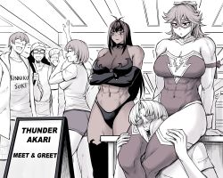 Rule 34 | 3girls, 4boys, abs, akari (peach88), blush, bracelet, breasts, crossed arms, dark-skinned female, dark skin, elbow gloves, glasses, gloves, greyscale, hands on another&#039;s thighs, head between thighs, highres, jewelry, large breasts, lightning bolt symbol, monochrome, multiple boys, multiple girls, open mouth, original, peach88, sign, spiked bracelet, spikes, thighhighs, wrestling outfit