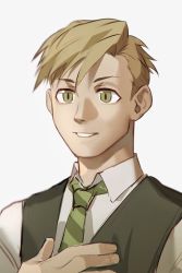 Rule 34 | 1boy, alphonse elric, black vest, blonde hair, close-up, collared shirt, dress shirt, facing viewer, fingernails, formal, fullmetal alchemist, green necktie, grey background, hand on own chest, hand up, light smile, long sleeves, looking afar, male focus, necktie, parted lips, powerlesssong, shaded face, shirt, sidelighting, simple background, solo, striped, striped necktie, swept bangs, tareme, teeth, upper body, vest, white shirt, yellow eyes