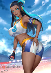 Rule 34 | 1girl, ariverkao, armlet, ass, belly chain, bikini, black hair, blue eyes, blue sky, blurry, blurry background, breasts, creatures (company), dark-skinned female, dark skin, day, earrings, eyeliner, eyeshadow, forehead, from behind, game freak, gloves, gym leader, hair bun, hand on own ass, highres, holding, holding poke ball, hoop earrings, impossible clothes, jewelry, large breasts, looking at viewer, looking back, makeup, midriff, multicolored hair, necklace, nessa (pokemon), nintendo, open mouth, partially fingerless gloves, poke ball, pokemon, pokemon swsh, single glove, single hair bun, sky, solo, sportswear, swimsuit, tankini, two-tone hair