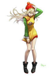 Rule 34 | 1girl, blazblue, blonde hair, boots, breasts, china dress, chinese clothes, chinese hat, clothes pull, commission, cosplay, covering privates, covering crotch, dragon ball, dragon ball (object), dragonball z, dress, embarrassed, green eyes, hat, highres, knees together feet apart, long hair, no pants, noel vermillion, one eye closed, open mouth, ozkh, shirt pull, signature, small breasts, solo, son gohan, son gohan (cosplay)