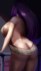Rule 34 | 1girl, absurdres, ass, back, back tattoo, breasts, butt crack, doki doki literature club, facing away, highres, large breasts, long hair, meme attire, on railing, purple hair, railing, ribbed sweater, sana!rpg, shadow, shiny skin, sideboob, sweater, tattoo, thick thighs, thighs, virgin killer sweater, white sweater, yuri (doki doki literature club)