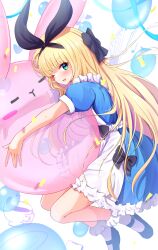 Rule 34 | 1girl, ;d, animal balloon, apron, baram, black bow, black footwear, black hairband, black ribbon, blonde hair, blue dress, blush, bow, commentary request, dress, frilled apron, frilled dress, frills, green eyes, hair bow, hair ribbon, hairband, highres, hug, long hair, looking at viewer, mononobe alice, mononobe alice (1st costume), multicolored hair, nijisanji, one eye closed, open mouth, puffy short sleeves, puffy sleeves, purple hair, ribbon, shoes, short sleeves, simple background, smile, socks, solo, two-tone hair, very long hair, virtual youtuber, white apron, white background, white socks