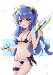 Rule 34 | 1girl, :o, aaaaabk!, ahoge, amamiya kokoro, bare shoulders, bell, black bow, bow, breasts, cleavage, collarbone, commentary request, cowboy shot, eyelashes, fang, frilled swimsuit, frills, gun, hair between eyes, hair ornament, highres, holding, holding gun, holding weapon, jingle bell, looking at viewer, looking to the side, medium breasts, navel, nijisanji, open mouth, petite, sidelocks, simple background, solo, swimsuit, thigh gap, thigh strap, toy gun, two-tone background, virtual youtuber, water, water gun, weapon, white background