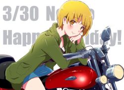 Rule 34 | 1girl, belt, belt buckle, birthday, black shirt, blonde hair, blue skirt, blunt bangs, breasts, brown eyes, buckle, buttons, character name, cleavage, closed mouth, commentary request, dated, denim, denim skirt, english text, eyes visible through hair, fukuda noriko, green jacket, hand on own chest, happy birthday, hood, hood down, hooded jacket, idolmaster, idolmaster million live!, jacket, light blush, long sleeves, looking at viewer, medium breasts, motor vehicle, motorcycle, open clothes, open jacket, outline, pocket, shirt, short hair, sitting, skirt, smile, solo, white background, white belt, white outline, witoi (roa), yellow eyes