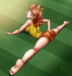 Rule 34 | 1girl, ass, barefoot, bike shorts, brown hair, crown, feet, flexible, kyder, lying, mario &amp; sonic at the olympic games, mario (series), mario tennis, nintendo, on stomach, princess daisy, soles, solo, split, spread legs, stretching, super mario bros. 1, super mario land, tank top, toes