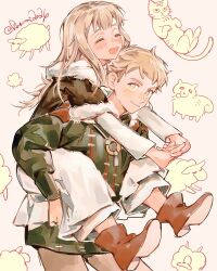 Rule 34 | 1boy, 1girl, :d, ^ ^, aged down, blonde hair, blunt bangs, boots, brother and sister, brown footwear, brown jacket, carrying, cat, child, closed eyes, dog, dress, dungeon meshi, falin touden, fur-trimmed jacket, fur trim, green jacket, hashtag-only commentary, highres, jacket, kasumi007, laios touden, light brown hair, light smile, long hair, open mouth, own hands together, piggyback, sheep, short hair, siblings, simple background, smile, twitter username, white dress, yellow eyes