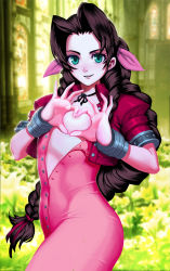 Rule 34 | 1girl, aerith gainsborough, artist name, braid, breasts, brown hair, church, cowboy shot, cropped jacket, final fantasy, final fantasy vii, flower, genzoman, green eyes, heart, heart-shaped boob challenge, heart hands, indoors, jewelry, long hair, looking at viewer, low-tied long hair, midriff, necklace, ribbon, skirt, small breasts, smile, solo, tagme