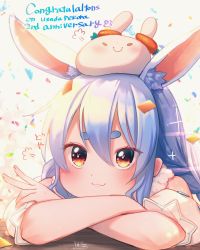 Rule 34 | 1girl, :3, puff of air, animal ear fluff, animal ears, blue hair, blush, carrot, closed mouth, commentary request, confetti, congratulations, creature on head, crossed arms, detached sleeves, hair between eyes, highres, hololive, long hair, looking at viewer, magowasabi, multicolored hair, pekomon (usada pekora), rabbit-shaped pupils, rabbit ears, red eyes, short eyebrows, short sleeves, signature, solo, symbol-shaped pupils, thick eyebrows, twitter username, usada pekora, very long hair, virtual youtuber, white hair