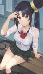 Rule 34 | 1girl, arm support, arm up, black hair, black socks, blue bra, blue eyes, bow, bowtie, bra, breast pocket, breasts, commentary request, dress shirt, fate/grand order, fate (series), feet out of frame, green skirt, highres, kneehighs, knees together feet apart, light blush, long hair, looking at viewer, medium breasts, miniskirt, on bench, parted bangs, pinta (ayashii bochi), plaid, plaid skirt, pleated skirt, pocket, puddle, red bow, red bowtie, see-through, see-through shirt, shirt, shirt tucked in, side ponytail, sidelocks, sitting, skirt, socks, solo, striped bra, striped clothes, thighs, underwear, ushiwakamaru (fate), very long hair, wet, wet clothes, white bra