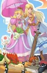 Rule 34 | 2girls, 3boys, :d, ;d, armlet, armor, bead necklace, beads, belt, black armor, blonde hair, blue background, blue eyes, bowser, bracelet, bracer, bruise, bruise on face, cape, choker, circlet, claws, closed mouth, colored skin, crossover, crown, defeat, dirty, dress, elbow pads, food, ganondorf, gerudo, gloves, green skin, hair flaps, hand on own hip, happy, high heels, highres, horns, index finger raised, injury, jewelry, lips, long dress, long hair, looking at viewer, mario (series), monster, multicolored clothes, multicolored dress, multiple boys, multiple girls, mushroom, necklace, nintendo, one eye closed, open mouth, parted bangs, pink dress, planted, planted sword, planted weapon, pointy ears, princess, princess peach, princess zelda, puffy short sleeves, puffy sleeves, red hair, ring, round teeth, short sleeves, shoulder spikes, simple background, smile, spiked armlet, spiked bracelet, spiked choker, spiked shell, spikes, standing, stepped on, super princess peach, super smash bros., sword, teeth, the legend of zelda, the legend of zelda: a link between worlds, the legend of zelda: ocarina of time, toad (mario), toeless legwear, turnip, umbrella, upper teeth only, vegetable, weapon, white dress, white gloves, wink, x x, yagaminoue