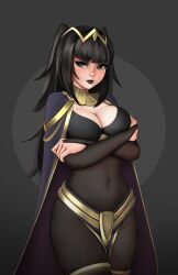 Rule 34 | 1girl, black hair, bodystocking, breasts, brown eyes, cleavage, crossed arms, fire emblem, fire emblem awakening, highres, jackary, large breasts, lips, long hair, looking at viewer, navel, nintendo, solo, stomach, tharja (fire emblem)
