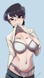 Rule 34 | 1girl, arm behind back, artist name, black eyes, black hair, blue background, body writing, bra, breasts, cleavage, clothes lift, clothes pull, cowboy shot, english text, groin, hand on own chest, highres, komi-san wa komyushou desu, komi shuuko, lace, lace-trimmed bra, lace trim, large breasts, mouth hold, navel, panties, self exposure, sho-n-d, skirt, skirt pull, solo, sweater, sweater lift, underwear