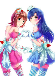 Rule 34 | 2girls, absurdres, amami haruka, babakasu, backless dress, backless outfit, blue eyes, blue hair, brown hair, detached sleeves, dress, earrings, gloves, heart, heart earrings, highres, holding hands, idolmaster, idolmaster (classic), interlocked fingers, jewelry, kisaragi chihaya, long hair, multiple girls, puffy detached sleeves, puffy sleeves, short hair, simple background, smile, striped clothes, striped legwear, striped thighhighs, thighhighs, white background, white gloves, yellow eyes