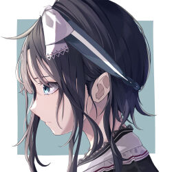Rule 34 | 1girl, a-tora, black hair, blue eyes, border, bow, facing to the side, frilled shirt collar, frills, from side, headband, looking to the side, medium hair, original, outside border, portrait, sidelocks, solo, tagme, white background, white border