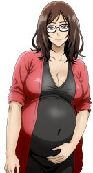 Rule 34 | 1girl, absurdres, artist name, big belly, borrowed character, breasts, brown hair, cardigan, cleavage, collarbone, glasses, grey eyes, hand on own stomach, highres, large breasts, looking at viewer, original, pregnant, red cardigan, sado art, smile, solo, white background