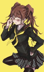 Rule 34 | 1girl, birthday, brown hair, commentary request, earrings, glasses, highres, jewelry, kujikawa rise, long hair, one eye closed, open mouth, persona, persona 4, s-m-53413, school uniform, serafuku, simple background, skirt, solo, thighhighs, twintails, yasogami school uniform, yellow background, yellow eyes