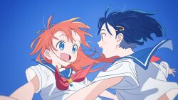 Rule 34 | 2girls, :d, :o, blue background, blue eyes, blue hair, blue sailor collar, brown eyes, eye contact, flask00, flip flappers, flip flappers&#039;s school uniform, hair ornament, hairclip, kokomine cocona, long hair, looking at another, multiple girls, neckerchief, open mouth, orange hair, outstretched arms, papika (flip flappers), red neckerchief, sailor collar, school uniform, serafuku, shirt, short hair, short sleeves, simple background, smile, upper body, white shirt