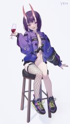 Rule 34 | 1girl, alcohol, bob cut, breasts, cup, drinking glass, eyeliner, fate/grand order, fate (series), fishnet thighhighs, fishnets, highres, horns, jacket, long sleeves, looking at viewer, makeup, navel, no panties, oni, open clothes, open jacket, open mouth, purple eyes, purple footwear, purple hair, purple jacket, shoes, short hair, shuten douji (fate), single thighhigh, sitting, skin-covered horns, small breasts, smile, sneakers, solo, stool, thighhighs, white background, wine, wine glass, yeh (354162698)