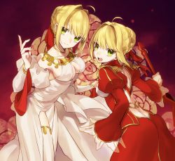 Rule 34 | 2girls, aestus estus, ahoge, akamakoto, ass, blonde hair, blush, bracelet, braid, breasts, cleavage, closed mouth, dress, dual persona, earrings, epaulettes, fate/extra, fate (series), french braid, green eyes, hair between eyes, hair bun, hair intakes, heroic spirit formal dress, highres, jewelry, large breasts, long hair, long sleeves, looking at viewer, looking back, medium breasts, multiple girls, neck ring, necklace, nero claudius (fate), nero claudius (fate) (all), nero claudius (fate/extra), nero claudius (formal dress) (fate), official alternate costume, open mouth, red dress, single hair bun, smile, sword, thighlet, thighs, weapon, white dress