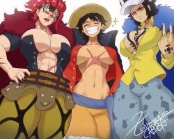 Rule 34 | 3girls, abs, absurdres, black eyes, black hair, breast tattoo, breasts, cabbagebinn, cleavage cutout, closed eyes, clothing cutout, cloud, eustass kid, female focus, genderswap, genderswap (mtf), glasses on head, happy, hat, highres, large breasts, laughing, lipstick, looking at viewer, makeup, midriff, monkey d. luffy, multiple girls, muscular, muscular female, navel, one piece, pirate, pirate costume, pirate hat, red eyes, red hair, scar, scar on arm, scar on chest, scar on face, serious, sideboob, smile, star (symbol), straw hat, tattoo, thick thighs, thighs, threatening, trafalgar law, underboob, white hair