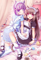 Rule 34 | 2girls, :3, animal ears, apron, bed, bed sheet, bell, bow, brown hair, candy, cat ears, cat hair ornament, cat tail, cuffs, curtains, flower, food, hair bow, hair ornament, hairclip, looking at viewer, looking back, maid, maid apron, maid headdress, mary janes, multiple girls, nail polish, on bed, original, package, paw pose, photo (object), pink eyes, prinz luzifer, puffy short sleeves, puffy sleeves, purple eyes, purple hair, ribbon, rose, shoes, short sleeves, socks, stuffed animal, stuffed toy, tail, tail wrap, transparent, twintails, wrist cuffs, yuri