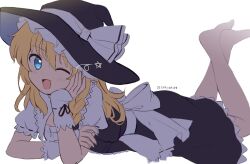 Rule 34 | 1girl, barefoot, black dress, black hat, blonde hair, blue eyes, blush, bow, dress, fingerless gloves, gloves, hair between eyes, hat, hat bow, highres, kirisame marisa, long hair, lying, on stomach, one-hour drawing challenge, one eye closed, open mouth, ramudia (lamyun), shirt, short sleeves, simple background, smile, solo, the pose, touhou, twitter username, white background, white bow, white gloves, white shirt, witch hat