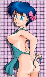 Rule 34 | 1girl, apron, ass, blue eyes, blue hair, bow, green apron, naked apron, nipples, pink bow, short hair, smile